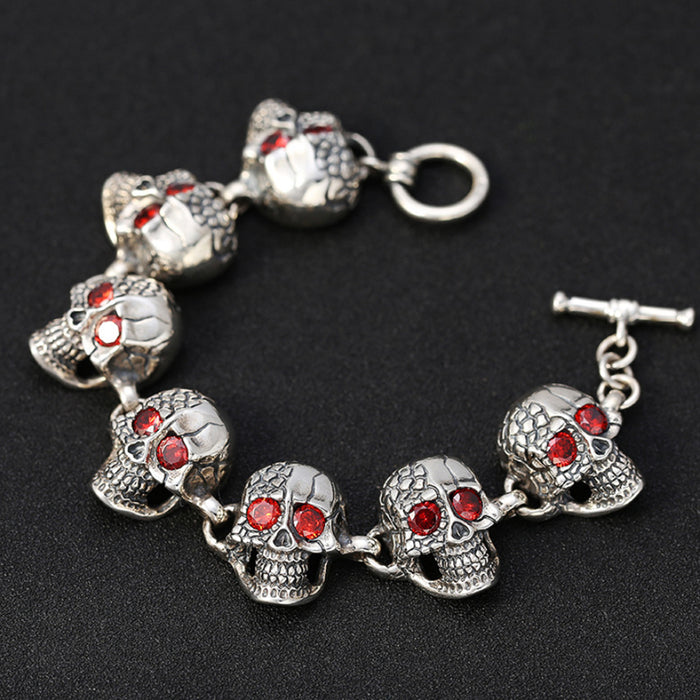 Huge Heavy Real Solid 925 Sterling Silver CZ Inlay Bracelet Skeletons Skulls Punk Jewelry 7.9"