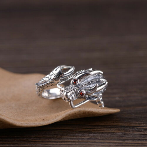 Real Solid 925 Sterling Silver Rings CZ Dragon Animals Fashion Punk Jewelry Open Size 8-11