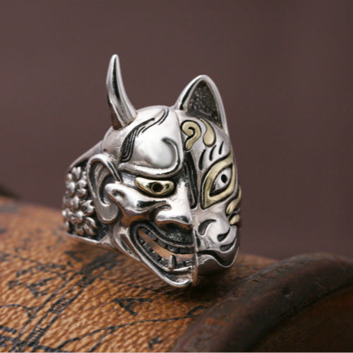Real Solid 925 Sterling Silver Ring Prajna Mask Devil Sakura Gothic Jewelry Size 8 9 10 11