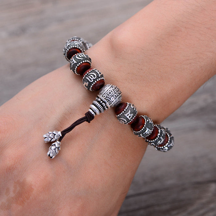 Real Solid 990 Fine Silver Bracelet Buddha Beads Lobular Red Sandalwood Luck Jewelry