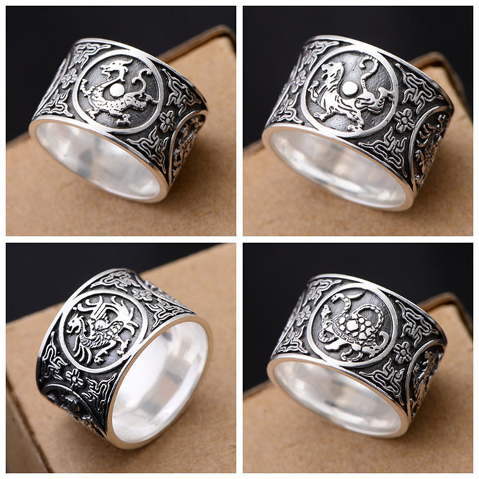 Real Solid 990 Fine Silver Ring Animals Dragon Tiger Rosefinch Tortoise Punk Jewelry Size 6 to 14