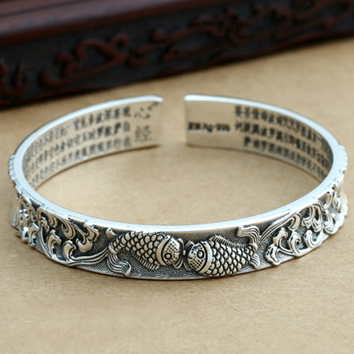 Real Solid 999 Pure Silver Cuff Bracelet Bangle Animals Fish Flowers Lotus Luck Jewelry