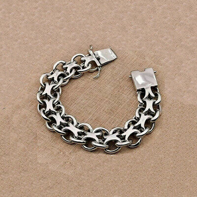 Real Solid 925 Sterling Silver Bracelet Round Link Double Loop Clasp Chain Punk Jewelry 8.3"