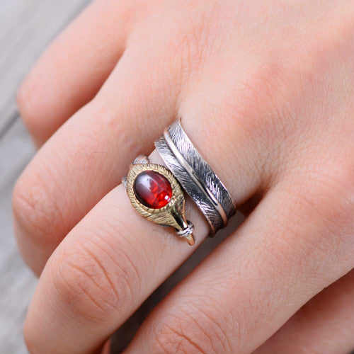 Real 925 Sterling Silver Ring Garnet Agate Feather Men's Open Size 6 to 11
