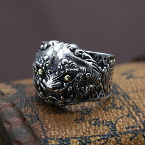 Real Solid 925 Sterling Silver Ring Auspicious Animals Punk Jewelry Open Size 9 10 11 12
