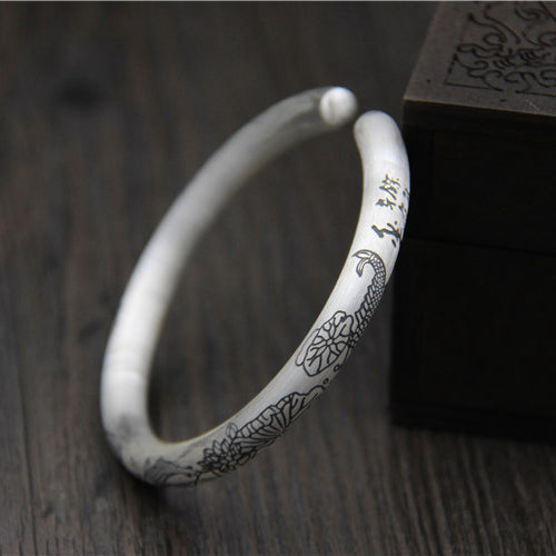 Real Solid 999 Pure Silver Cuff Bracelet Bangle Animals Fish Lotus Flowers Fashion Jewelry