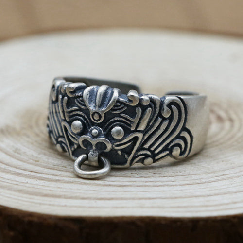 Real Solid 925 Sterling Silver Ring Auspicious Animals Punk Jewelry Open Size 6-8