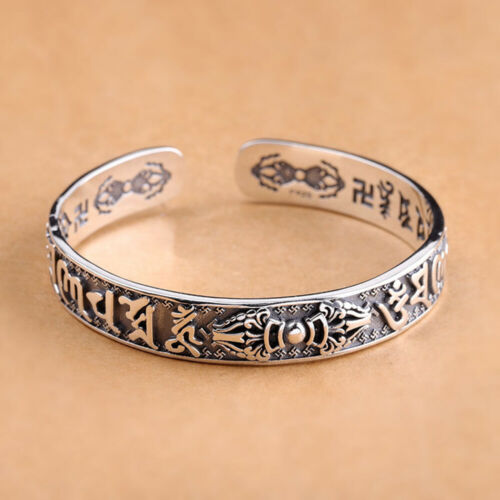 Real Solid 925 Sterling Silver Cuff Bracelet Vajra Om Mani Padme Hum Religions Open Bangle Luck Jewelry
