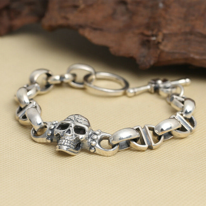 Real Solid 925 Sterling Silver Bracelet Skeletons Skulls Oval Loop OT-Buckle Punk Jewelry 8.7"
