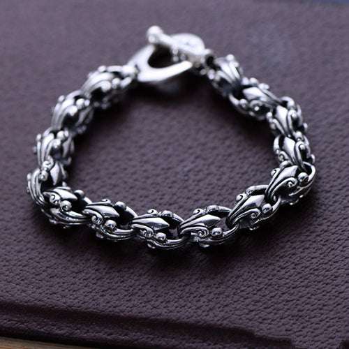 Real Solid 925 Sterling Silver Bracelet Auspicious Clouds Punk TO Buckle Link Jewelry