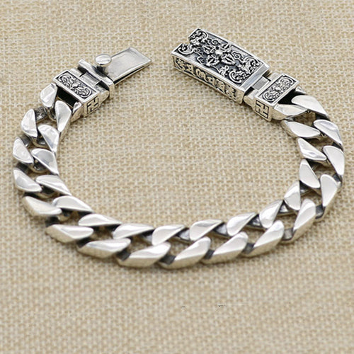 Real Solid 925 Sterling Silver Bracelet Cuban Link Chain Vajra Lection Punk Jewelry 7.09" - 9.45"