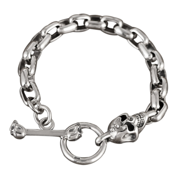 Real Solid 925 Sterling Silver Bracelet Link Skeletons Skulls Punk Jewelry 7.5"