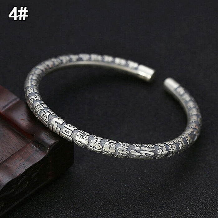 Real Solid 925 Sterling Silver Cuff Bracelet Bangle Religions Lection Om Mani Padme Hum Luck Jewelry