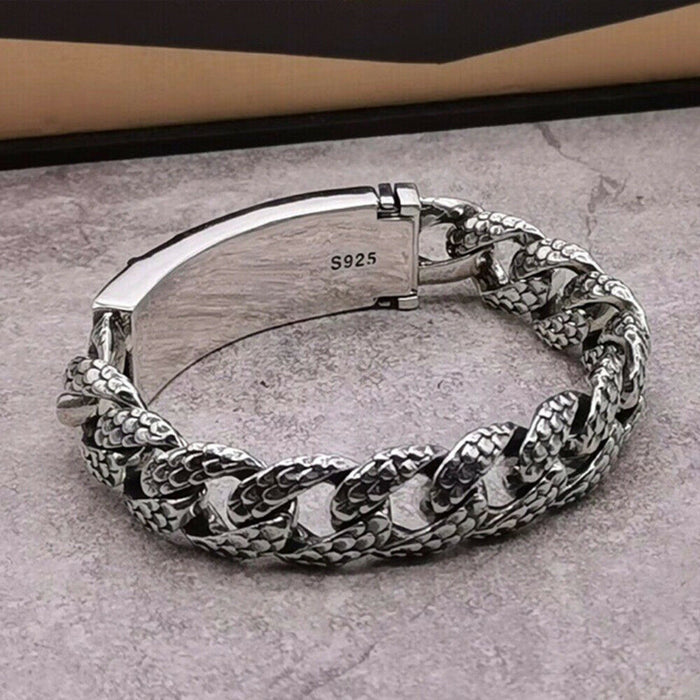 Real Solid 925 Sterling Silver Bracelet Dragon AnimalS Scales Cuban Link Chain Punk Jewelry 7.9"