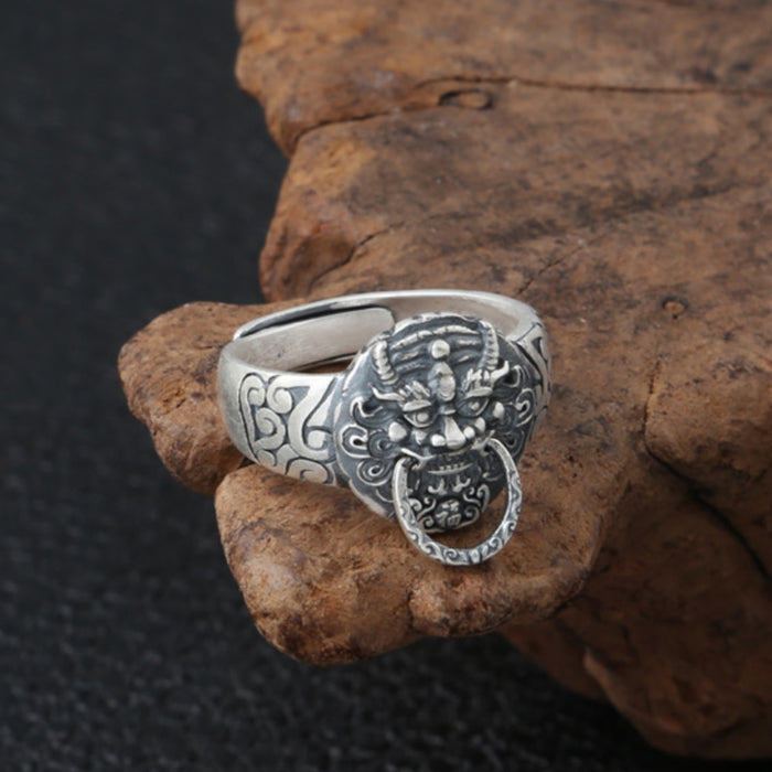 Real Solid 990 Sterling Silver Ring Dragon Lion Animals Punk Jewelry Open Size 7 8 9