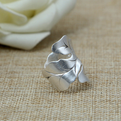 Real Solid 925 Sterling Silver Ring Handmade Leaf Leaves Fashion Jewelry Open Size 8-12