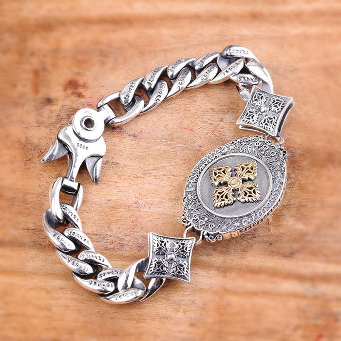 Real Solid 925 Sterling Silver Gem Inlay Bracelet Animals Om Mani Padme Hum Vajra Link