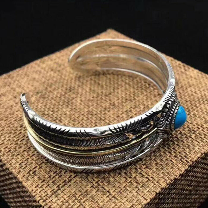 Real Solid 925 Sterling Silver Cuff Bracelet Bangle Feather Round Turquoise Fashion Punk Jewelry
