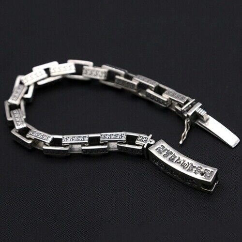 Real Solid 925 Sterling Silver Bracelet Link Loop Cube Rectangle Lection Sanskrit Chain Punk Jewelry