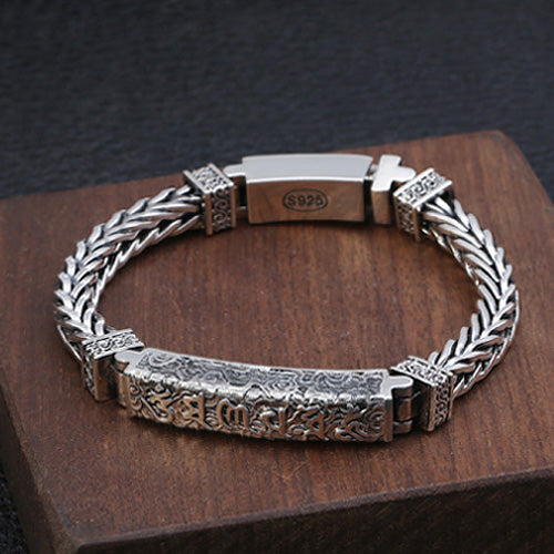 Real Solid 925 Sterling Silver Bracelet Bangle Link Om Mani Padme Hum Braided Jewelry 7.9"