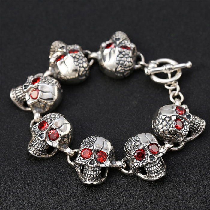 Huge Heavy Real Solid 925 Sterling Silver CZ Inlay Bracelet Skeletons Skulls Punk Jewelry 7.9"