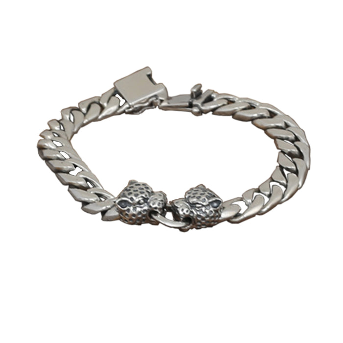 Real Solid 925 Sterling Silver Bracelet Cuban Link Animals Leopard Head Punk Jewelry 7.7"