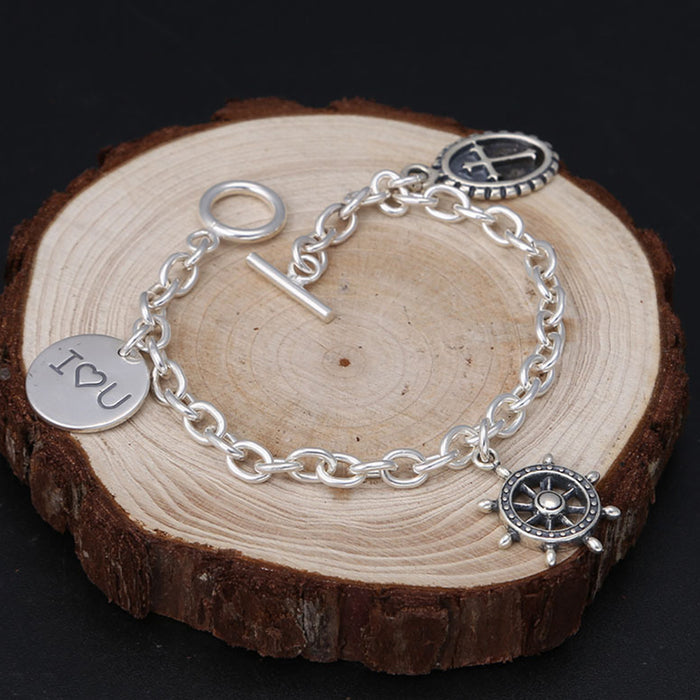 Real Solid 925 Sterling Silver Bracelet Chain Cross Rudder Heart OT-Buckle Jewelry 6.7"