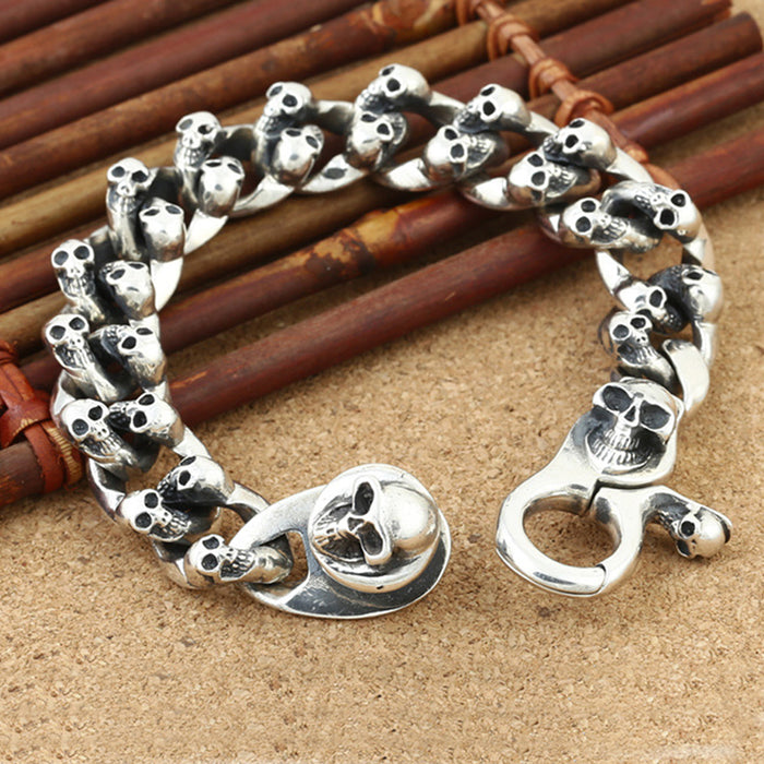 Real Solid 925 Sterling Silver Bracelets Cuban Link Chain Skeletons Skulls Huge Heavy Jewelry 7.9"