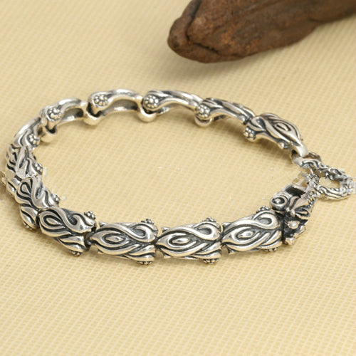 Real Solid 925 Sterling Silver Bracelet Link Flame Dragon Bamboo-Joint Chain Punk Jewelry 8.3"