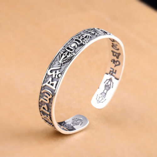Real Solid 925 Sterling Silver Cuff Bracelet Vajra Om Mani Padme Hum Religions Open Bangle Luck Jewelry