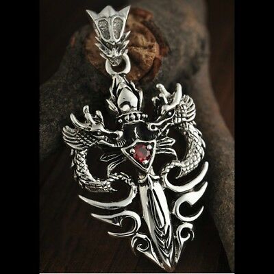 Real 925 Sterling Silver Pendant Dragon Knightly Sword Couple Jewelry