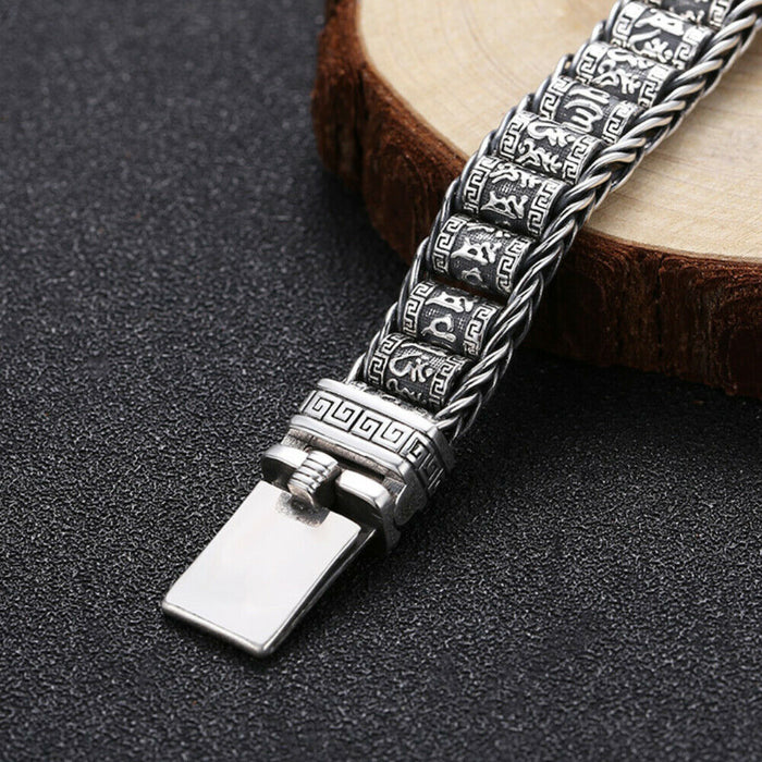 Men's Real Solid 925 Sterling Silver Bracelet Om Mani Padme Hum Braided Jewelry 7.9"