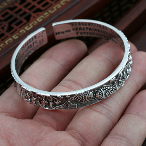 Real Solid 999 Pure Silver Cuff Bracelet Bangle Animals Fish Flowers Lotus Luck Jewelry