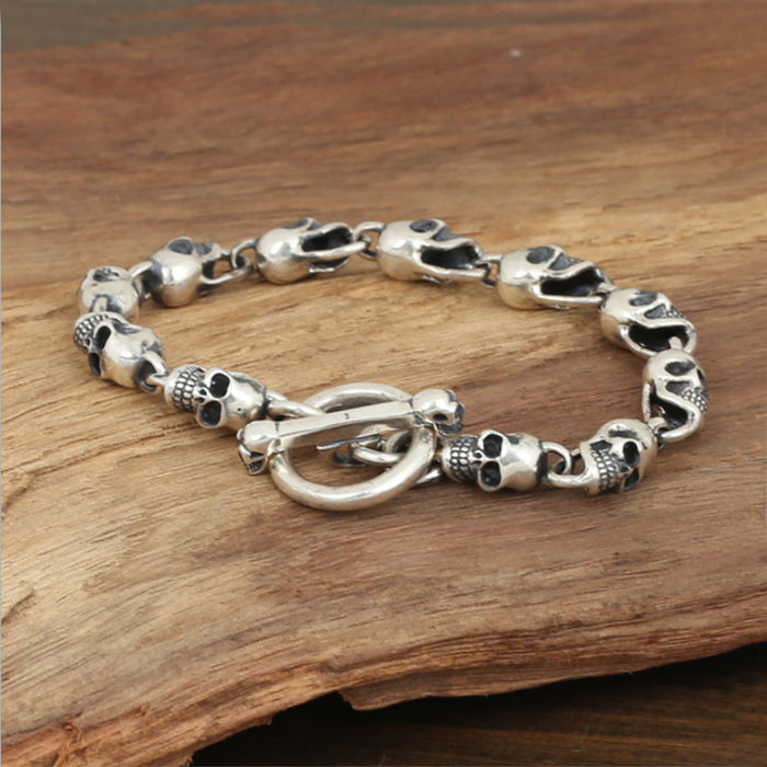 Heavy Men's Solid 925 Sterling Silver Bracelet Link Chain Skulls Punk Jewelry 8.7"