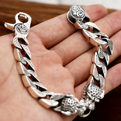Huge Heavy Men's Solid 925 Sterling Silver Bracelet Cuban Link Chain Leopard Animals Punk Jewelry 8.3" - 9"