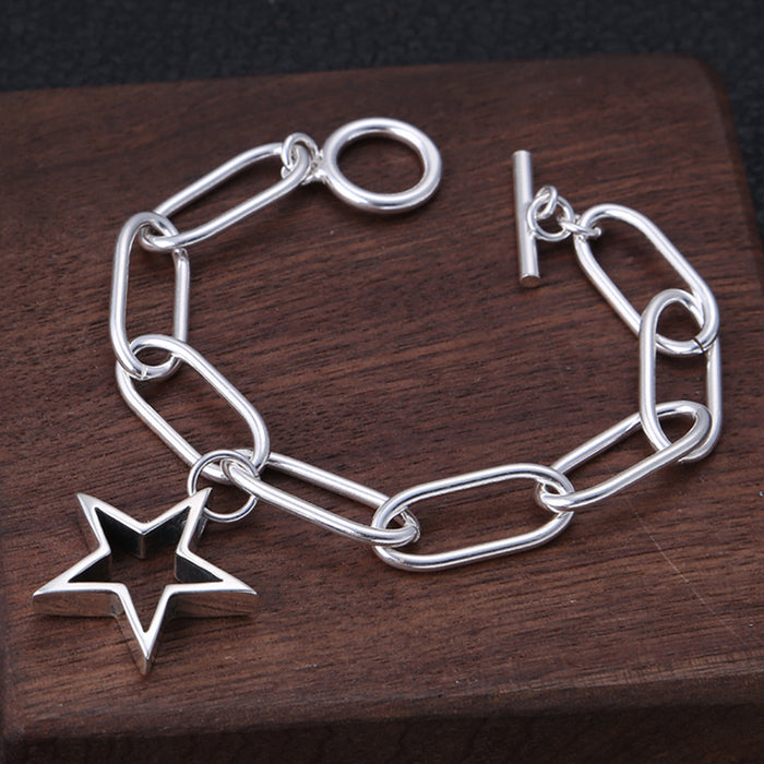 Real Solid 925 Sterling Silver Bracelet Oval Link Pentagram Star Fashion Jewelry 7.5"