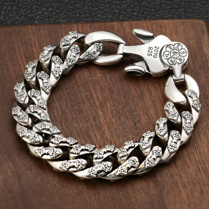 Real Solid 925 Sterling Silver Bracelets Cuban Link Chain Vajra Cross Punk Jewelry 7.9" 8.7"
