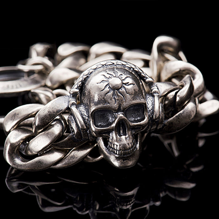 Real Solid 925 Sterling Silver Bracelets Skulls Cuban Link Chain Om Mani Padme Hum Jewelry 8.7"