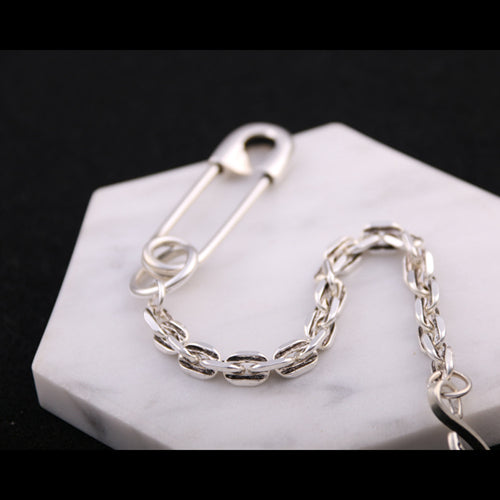 Real Solid 925 Sterling Silver Bracelets Oval Link Chain Pin Fashion Jewelry