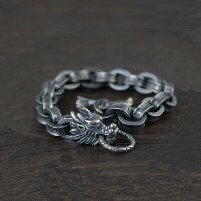Real Solid 925 Sterling Silver Bracelet Round Link Animals Dragon Loop Om-Mani-Padme-Hum 8.66"