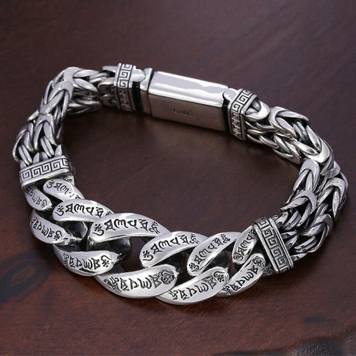 Real Solid 925 Sterling Silver Bracelet Om Mani Padme Hum Cuban Link Chain Jewelry 7.9"