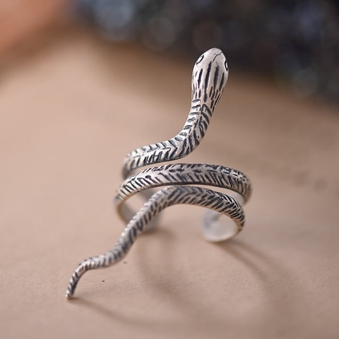 Real Solid 925 Sterling Silver Ring Animals Snake Punk Jewelry Adjustable Size 7 8 9 10 11