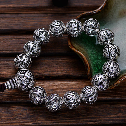 Real Solid 925 Sterling Silver Bracelets Beaded Buddha Beads Elastic Jewelry