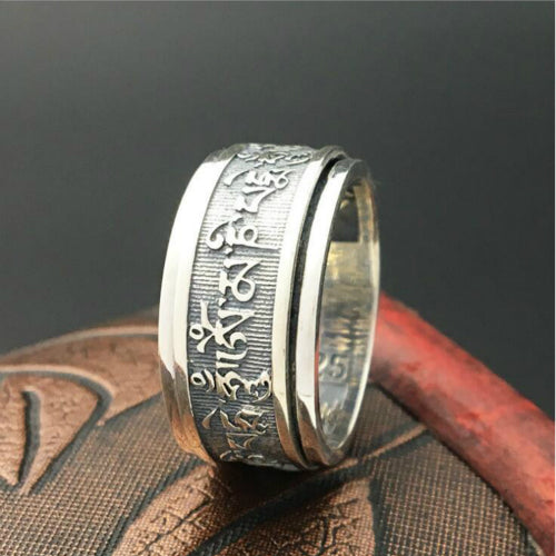 Real 925 Sterling Silver Ring Six-Word Mantra Rotation Men's Size 7 8 9 10 11 12