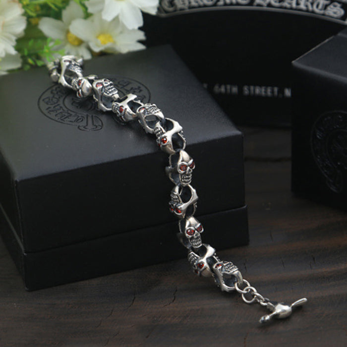 Real Solid 925 Sterling Silver Bracelet Link Chain Skulls Cubic Zirconia Punk Jewelry 7.5"