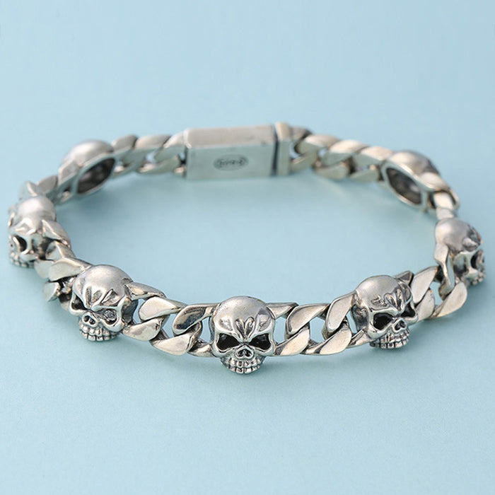 Real Solid 925 Sterling Silver Bracelet Skeletons Skulls Cuban Link Chain Punk Jewelry 7.1" 7.9"