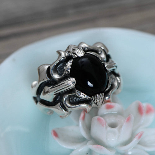 Real 925 Sterling Silver Ring Black Agate Flower Men's Size 8 9 10 11