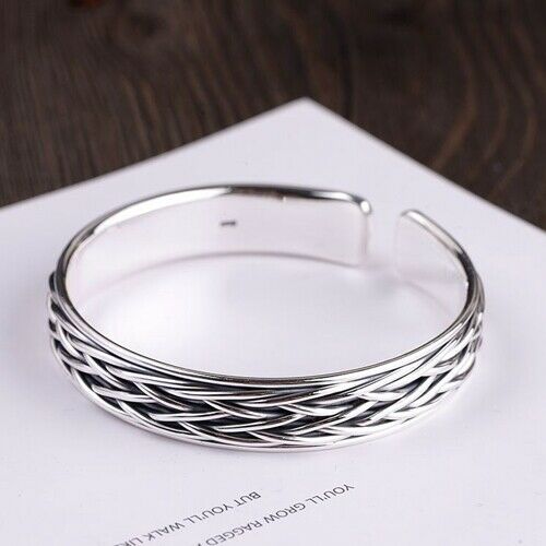 Real Solid 999 Sterling Pure Silver Cuff Bracelet Bangle Braided Woven Fashion Punk Jewelry
