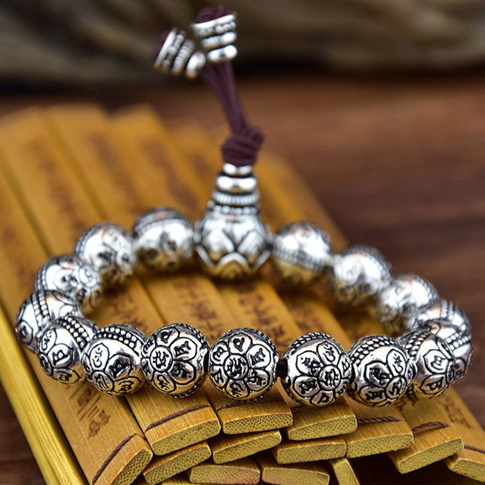 Real Solid 999 Sterling Silver Bracelet Beaded Om Mani Padme Hum Lotus Jewelry