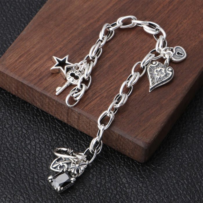 Real Solid 925 Sterling Silver Bracelets Heart key Lock Star Fashion Jewelry 7.1"